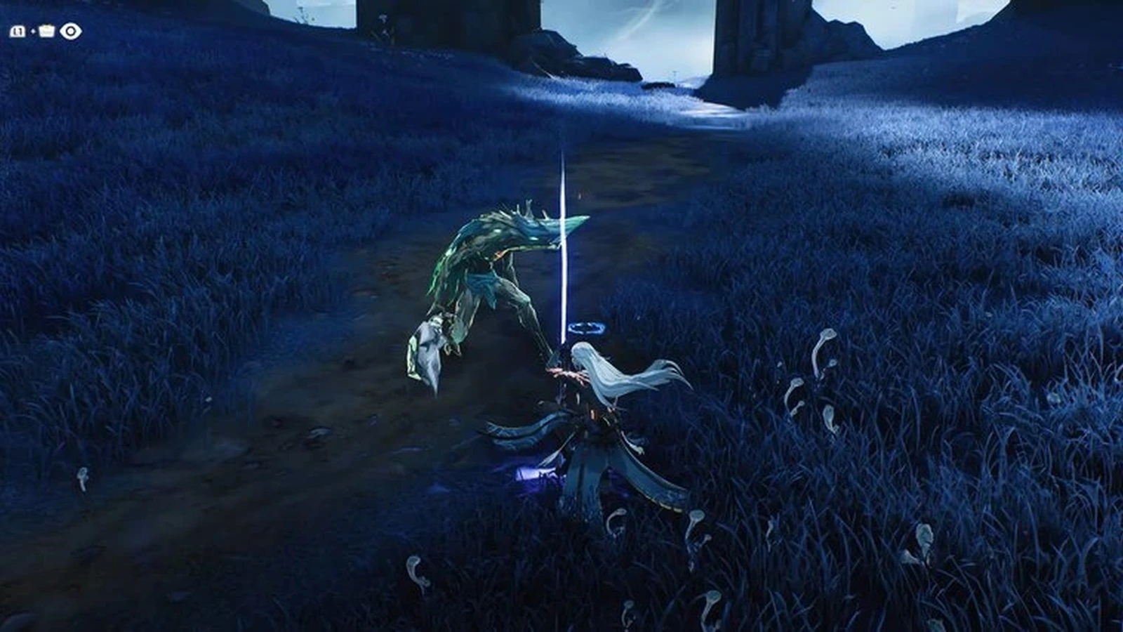 A white-haired character slashes a monster in a moonlit blue grass field