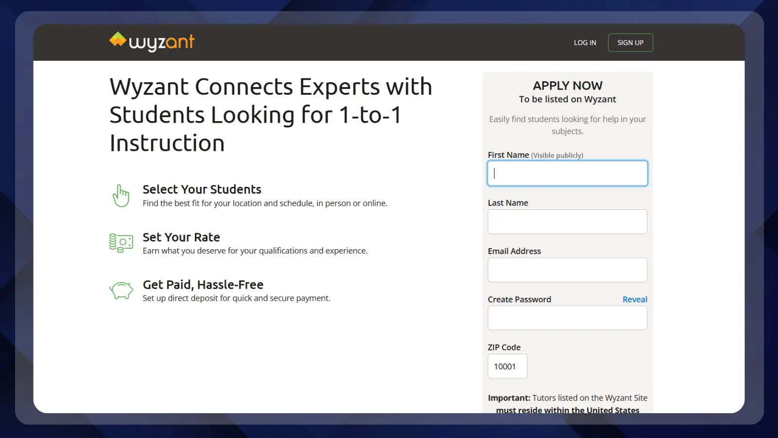Wyzant tutor registration page explaining how tutors can find students, set their rates, and receive payments