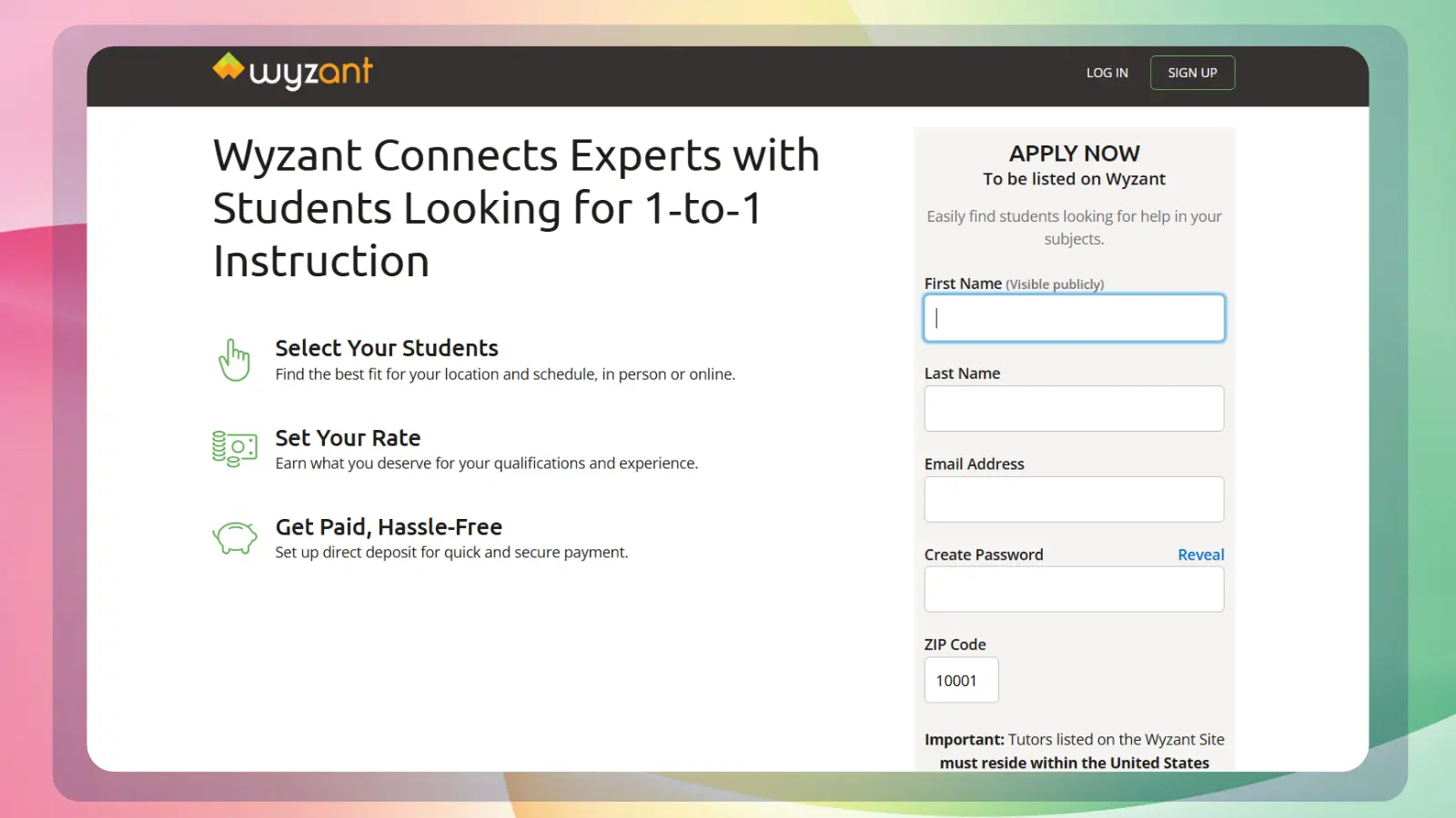 Wyzant website showing a tutor application form and information about finding students, setting tutoring rates, and receiving direct payments