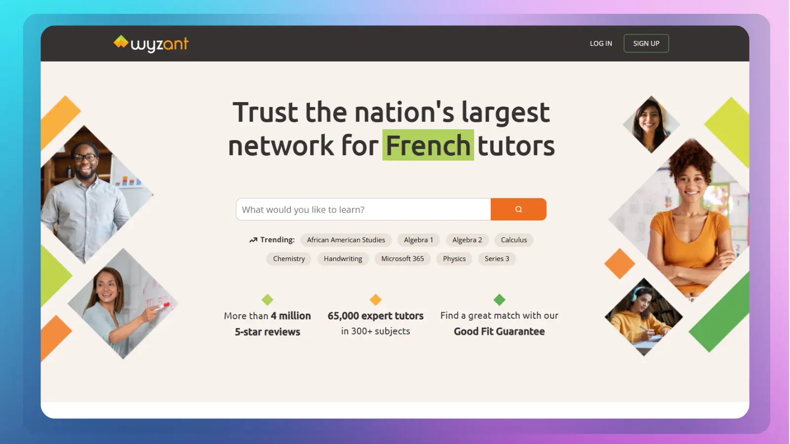 Wyzant website showing a search page for finding tutors with subject categories and information about expert tutors
