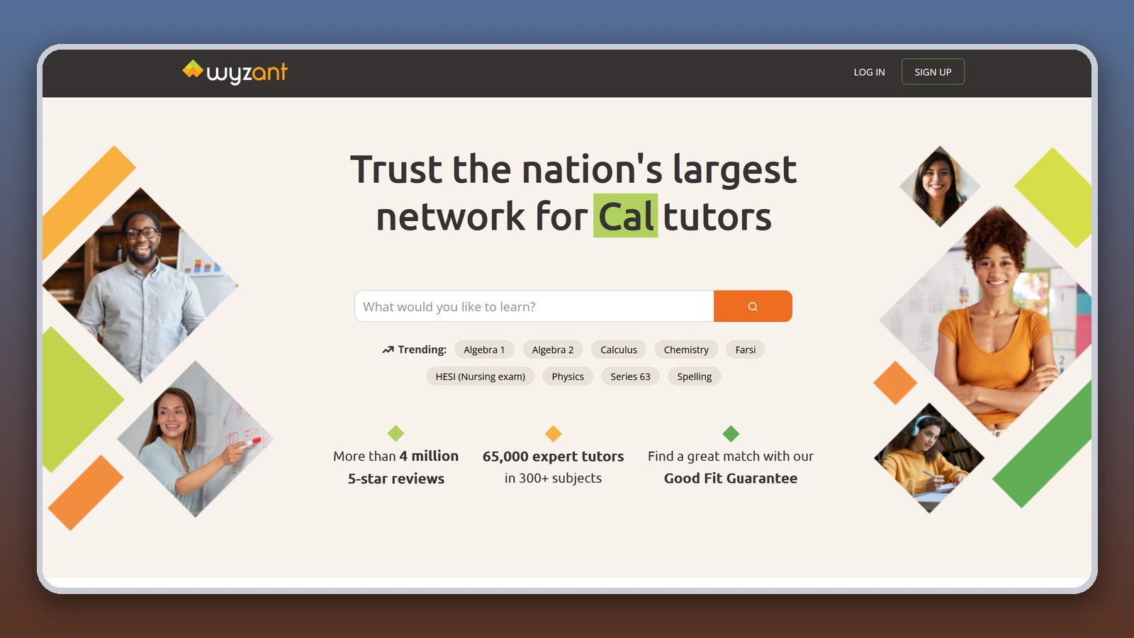The Wyzant homepage invites visitors to find a tutor through a search bar with trending subjects, surrounded by photos of smiling tutors and students