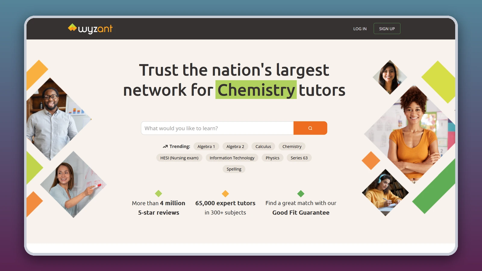 The Wyzant homepage reads “Trust the nation’s largest network for Chemistry tutors” above a search bar, trending subjects and photos of tutors