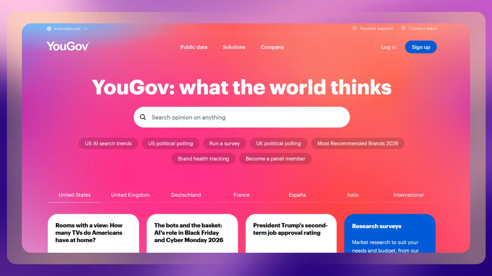 YouGov homepage featuring a search bar for public opinions, survey and polling topics, and a panel membership option